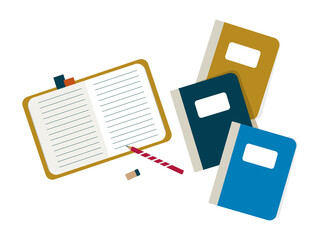 Image of an open notebook with a pencil, an eraser and a stack of other notebooks on a white background, isolated image.Blue, yellow, dark blue gamma. School concept. Teaching and recording lectures.