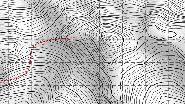 Animation on the theme of hiking in the mountains. Imitation of a geographical map, climb route. 