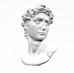 Monochrome 3D rendering of classical sculpture isolated on white background. Marble or plaster bust. 