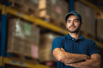 Portraits of male warehouse personnel staff wearing blue uniforms Currently working in storage and transportation internationally.