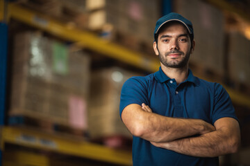 Portraits of male warehouse personnel staff wearing blue uniforms Currently working in storage and transportation internationally.