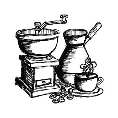 
Turk with hot coffee, illustration of coffee beans and refreshing flavored drink, vintage style.