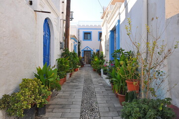 Mediterraner Reise-Hintergrund: Typisch griechische Gasse mit Pflanzen und blauen Türen und Fenstern und weißen Häuserm auf der Insel Rhodos