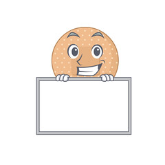 Funny cartoon design style rounded bandage standing behind a board