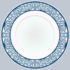 Decorative plate with round ornament in ethnic style. Fashion background with ornate dish. Vector illustration.