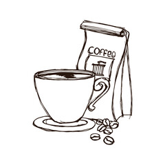 Hot coffee, illustration of coffee beans and refreshing flavored drink, vintage style.