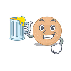 A cartoon concept of rounded bandage toast with a glass of beer