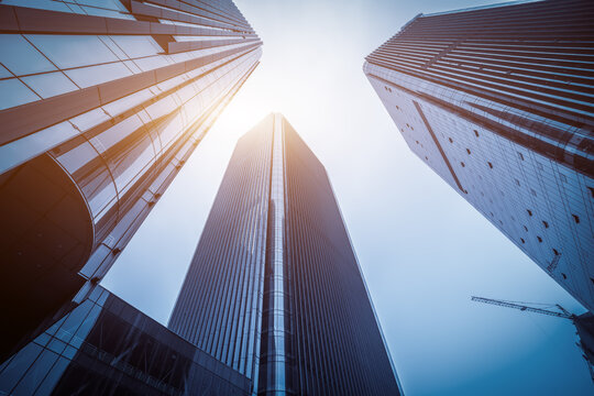 Fototapeta Modern tall buildings seen from below. Diminishing perspective