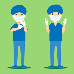 Doctor in blue suit wearing white rubber gloves and hairnet,showing his hands for preparing surgery vector