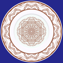 decorative plates for interior design. Empty dish, porcelain plate mock up design. Vector illustration. Decorative plates with stilish ornament patterns. Home decor background