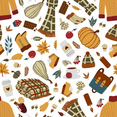 fall hand drawn autumn seamless pattern background with sweater, scarf, blanket, leaf, backpack, pumpkin spice coffee, mulled wine, pumpkin pie. cozy october handdrawn thanksgiving repeating tile diy.