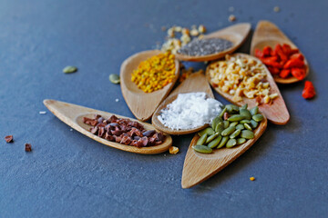 Various legumes and different kinds of nuts in spoons. Walnuts kernels ,hazelnuts, almond ,brown...