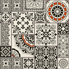 Seamless patchwork tile with Islam, Arabic, Indian, Ottoman motifs. Majolica pottery tile. Portuguese and Spain decor. Ceramic tile in talavera style. Vector illustration - obrazy, fototapety, plakaty