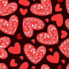 Vector seamless pattern with hand-drawn doodle little white flowers on a red heart background, for the design of wedding invitations, cards, fabric, scarfs. Floral love background dark