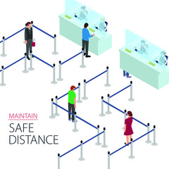 Customers are keeping their distance while lining at bank teller queue line