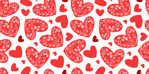 Vector seamless pattern with hand-drawn doodle little white flowers on a red heart background, for the design of wedding invitations, cards, fabric, scarfs. Floral love background white