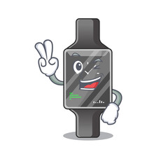 A joyful smart watch cartoon mascot style show two fingers pose