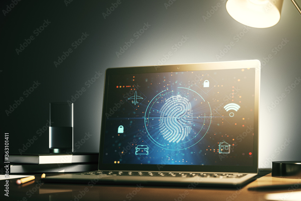 Poster abstract creative fingerprint hologram on modern computer monitor, protection of personal informatio