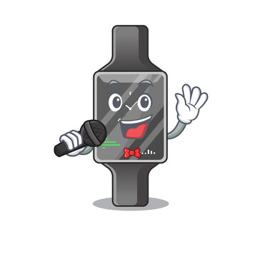 caricature character of smart watch happy singing with a microphone