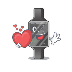 A lovable smart watch caricature design style holding a big heart