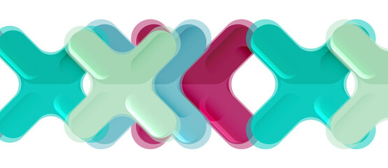 Glossy multicolored plastic style cross composition, x shape design, techno geometric modern abstract background. Trendy abstract layout template