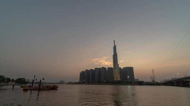 Ho Chi Minh City Saigon VIetnam Skyline Landmark 81 Tower Sunset Time Lapse