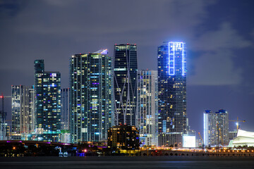 Fototapeta na wymiar Miami night. Miami business district, lights and reflections of the city.