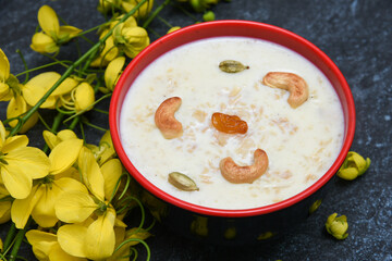 Mithai / semiya payasam(vermicelli), seasonal sweet dish Kerala India, South Indian sweet for Onam, Vishu festival. kheer made with roasted vermicelli, condensed milk in clay Dusshera, Vishu, Diwali, 