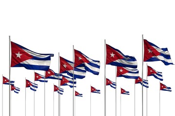 wonderful many Cuba flags in a row isolated on white with empty place for text - any feast flag 3d illustration..