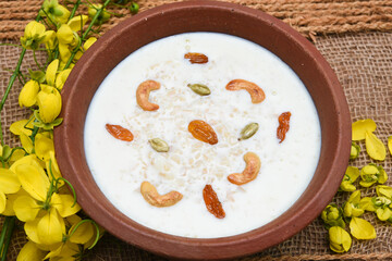 Mithai / semiya payasam(vermicelli), seasonal sweet dish Kerala India, South Indian sweet for Onam, Vishu festival. kheer made with roasted vermicelli, condensed milk in clay Dusshera, Vishu, Diwali, 