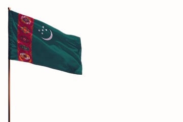 Fluttering Turkmenistan isolated flag on white background, mockup with the space for your content.