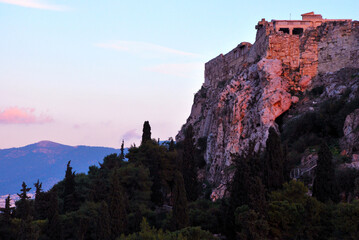 View of the Acropolis at dusk