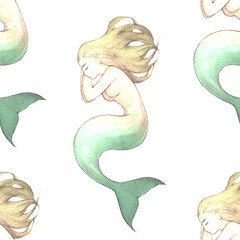 Elegant watercolor mermaids in retro style as a seamless texture