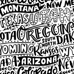 Vector seamless pattern with USA states. Oregon, Utah, Montana, New Mexico, Texas, Dakota, Wyoming, Kansas, Arizona, Nevada, Colorado