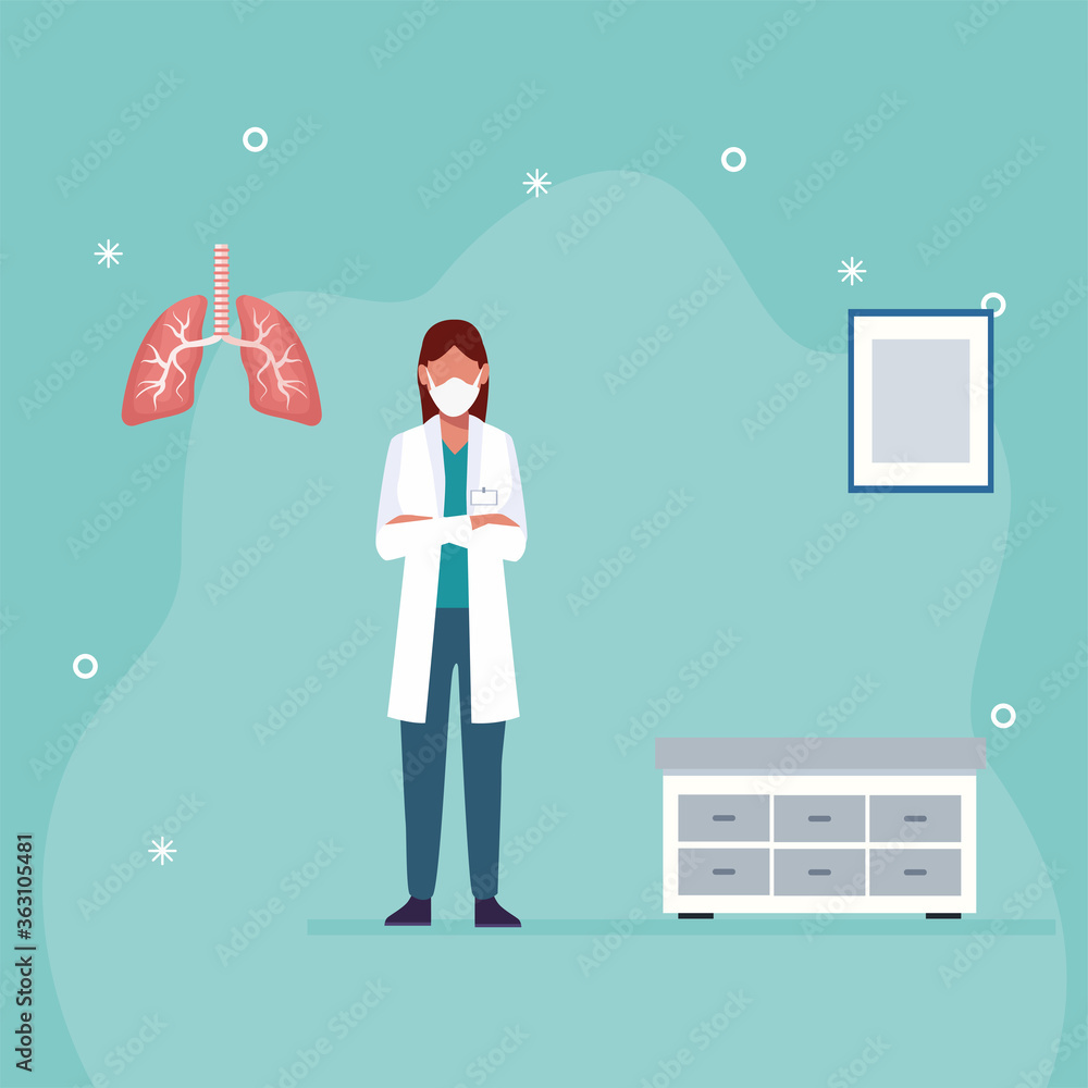 Poster young female doctor wearing medical mask with lungs