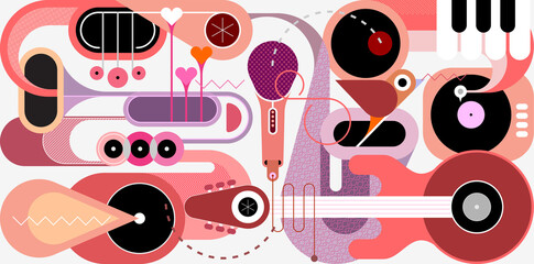 Abstract music background. Flat design of various musical instruments and singing bird, vector illustration. Acoustic guitar, saxophones, piano keys, trumpets, microphone and gramophone.