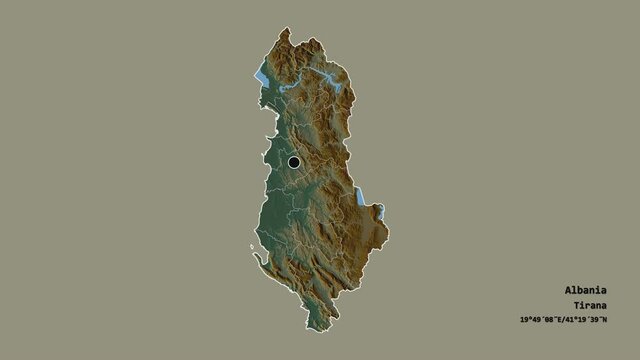 Elbasan, county of Albania, with its capital, localized, outlined and zoomed with informative overlays on a relief map in the Stereographic projection. Animation 3D