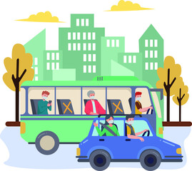 Peoples are traveling using car and bus illustrration