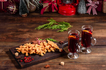 Beautiful delicious Belgian waffles on a Christmas table