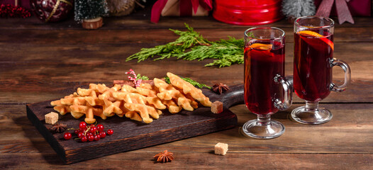 Beautiful delicious Belgian waffles on a Christmas table