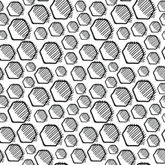 Seamless vector pattern. Hexagon pattern. Minimalistic black elements. Cartoon-like elements.