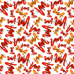 Seamless vector pattern. Red, yellow and black hand drawn waved lines. Bright and positive pattern. Cartoon-like elements.
