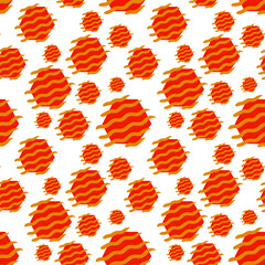 Seamless vector pattern. Hexagon pattern. Red and yellow colors. Decorative yellow waves. Cartoon-like elements. Bright and positive pattern.