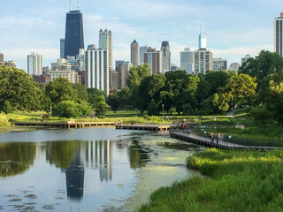 downtown Chicago skyline from Lincoln Park lagoon and nature boardwalk