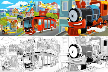 cartoon happy and funny scene of the middle of a city with cars and train