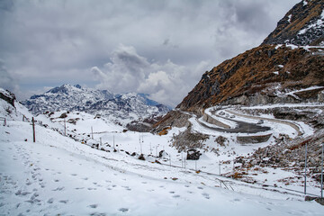 Snowy white peaks of Nathula Pass at Sikkim, India