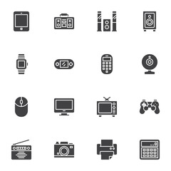 Household Appliances vector icons set, modern solid symbol collection, filled style pictogram pack. Signs logo illustration. Set includes icons as tv, home theater, computer monitor, camera, telephone