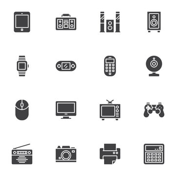 Household Appliances vector icons set, modern solid symbol collection, filled style pictogram pack. Signs logo illustration. Set includes icons as tv, home theater, computer monitor, camera, telephone