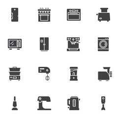 Kitchen appliances vector icons set, modern solid symbol collection, household equipment filled style pictogram pack. Signs, logo illustration. Set includes icons as electric stove, fridge, microwave