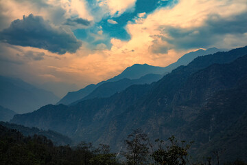 Beautiful sunset, Colorful summer landscape in the sikkim mountains. Sikkim, India. © artqu